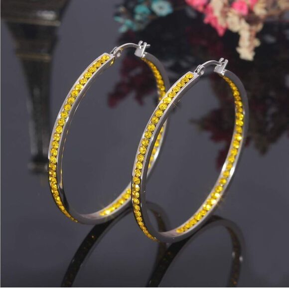 14K White Gold with Yellow Citrine Cubic Zirconia Big Hoop Latch Back Earrings - Picture 2 of 6
